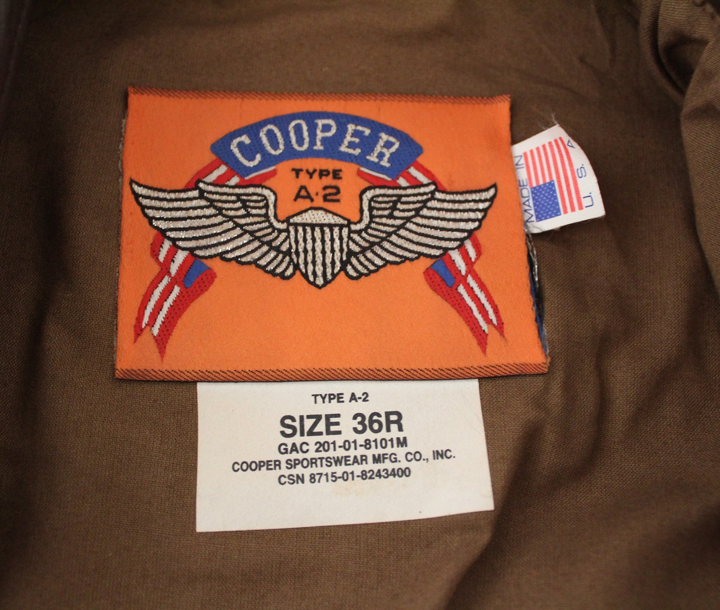 COOPER TYPE A 2 BROWN LEATHER USAF BOMBER PILOTS JACKET SIZE 36R MADE IN USA